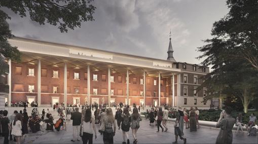 Recreación virtual de una variante propuesta para el edificio, que sustituye la fachada del XIX por una logia con columnas revestidas de bronce dorado FOSTER + PARTNERS/RUBIO ARQUITECTURA
