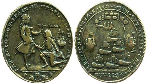 Medalla conmemorativa de Vernon sobre la mentira de la entrega de espada de Blas de Lezo arrodillado