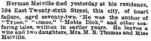 Obituario de Melville en «The New York Times». No era ya célebre, no todavía (sería reivindicado después de 1920), y escribieron mal «Moby Dick»
