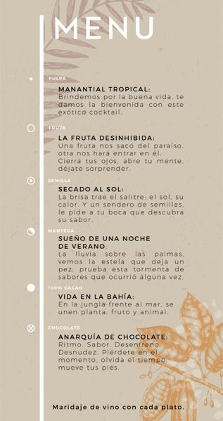 Menú de la cena 'Cacao: una degustación gastronómica'