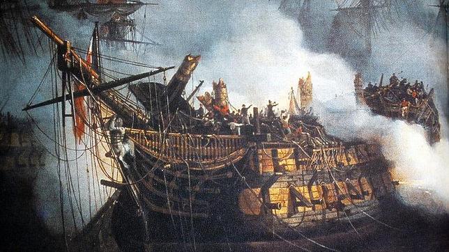 El «Bucentaure», el navío comandado por francés Villeneuve en la Batalla de Trafalgar, pintado por Auguste Mayer