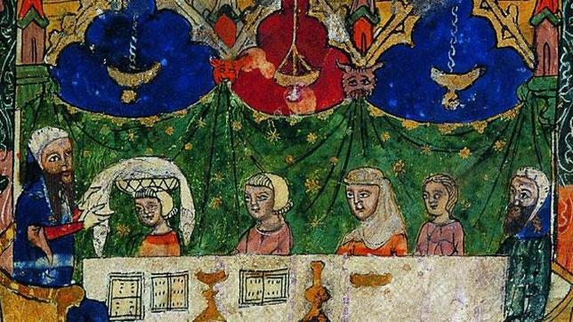 Miniatura medieval procedente de Barcelona y conservada en la British Library de Londres que refleja la celebración de un rito judío