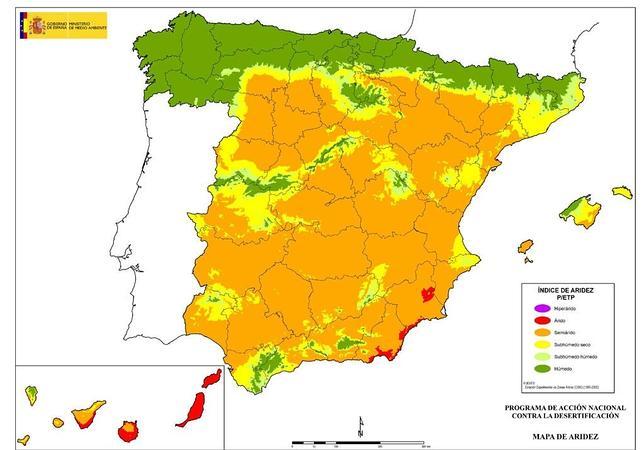 Mapa del territorio en función de su aridez. Los colores más cálidos están en las zonas más secas