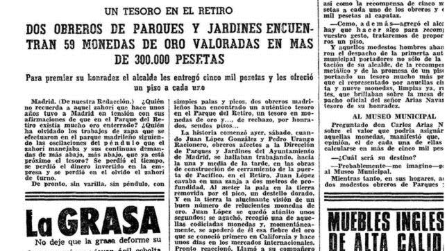 Noticia de ABC, en marzo de 1968, sobre el hallazgo de 59 monedas de oro en El Retiro