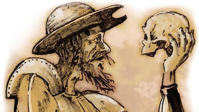 Don Quijote de la Mancha sujeta una calavera