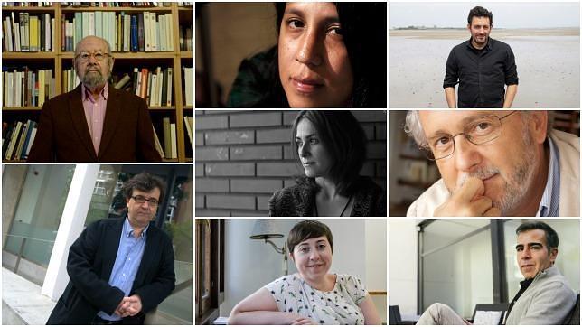 De izquierda a derecha y de arriba a abajo: José Manuel Caballero Bonald, Gabriela Wiener, Mikel Santiago, Javier Cercas, Sara Mesa, Héctor Abad Faciolince, Elena Medel y Jorge Franco