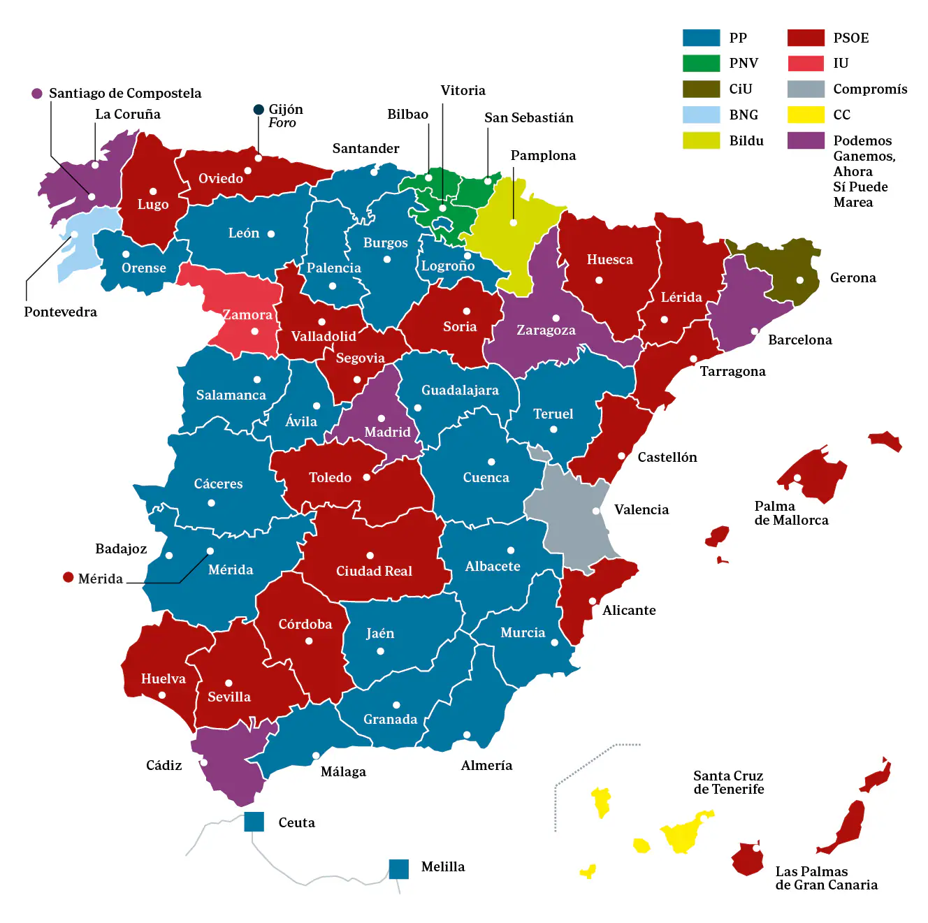 mapa politico de san sebastian Los ayuntamientos españoles que cambian de color político tras el 