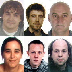 En la imagen, los seis etarras. De izquierda a derecha y de arriba a abajo: Ignacio Lerín Sánchez, Iñaki Iribarren Galbete, Joseba Iñaki Reta de Frutos, Ohiana San Vicente Sáez de Cerain, Oritz Gurrutxaga Gogorza y Xabier Goienetxea Iragorri. / REDACCIÓN