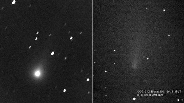 Tal como muestran las imágenes, el cometa Elenin se encontraba en proceso de desintegración, y por eso casi no brilla en la segunda fotografía. Imagen: Michael Mattiazzo.