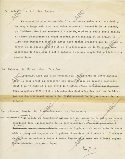 Telegramas de Pío XII, corregidos con su puño y letra