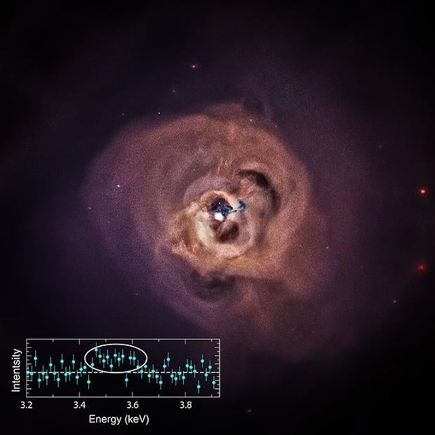 Imagen del cúmulo de Perseo y de la misteriosa línea espectral que no corresponde a ningún tipo de materia conocida
