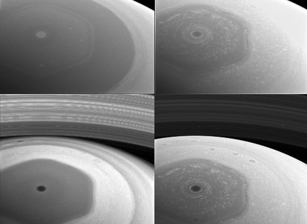 Fotografías tomadas por Cassini apenas dos días antes de hacer su máxima aproximación a los anillos interiores de Saturno. Cada cuadro corresponde a una longitud de onda distinta, y a una altitud diferente de la atmósfera