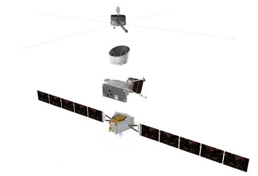 Los distintos módulos de la nave BepiColombo. De abajo a arriba: módulo de transferencia, orbitador europeo, escudo protector y orbitador japonés