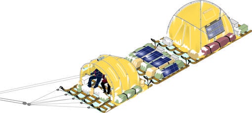 Configuración similar a la que se usará en la expedición. A la izquierda, módulo locomotora, en el centro, bloque para experimentos, y a la derecha, módulo de descanso