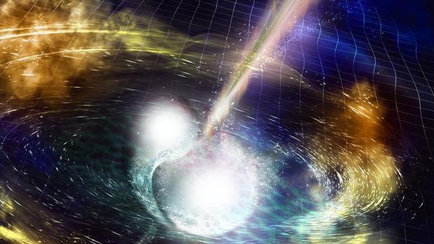 Representación de la fusión de dos estrellas de neutrones, creando ondas gravitacionales