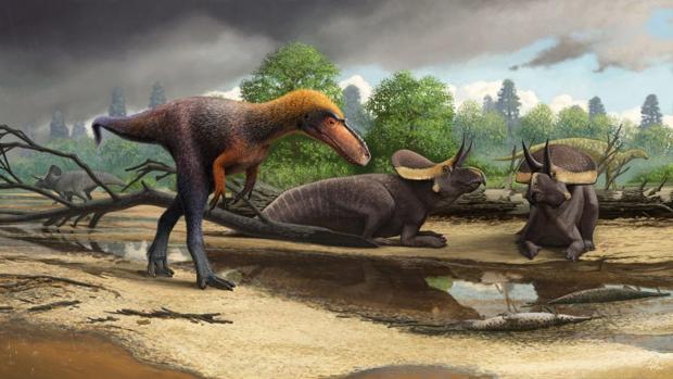 Reconstrucción de Suskityrannus hazelae cerca de los pequeños Zuniceratops y un hadrosauromorfo Jeyawati al fondo
