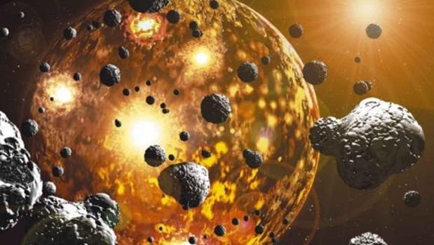 Ilustración del Gran Bombardeo, la época en que multitud de asteroides chocaron con los planetas interiores del Sistema Solar