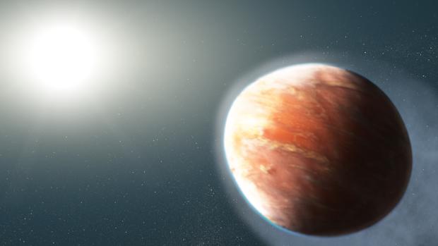 Representación de WASP-12b. La radiación de su estrella, muy próxima, ioniza hierro y magnesio, que son expulsados