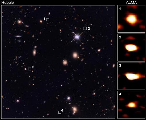Algunas de las galaxias antiguas observadas por ALMA (derecha) pero no vistas por Hubble (izquierda)