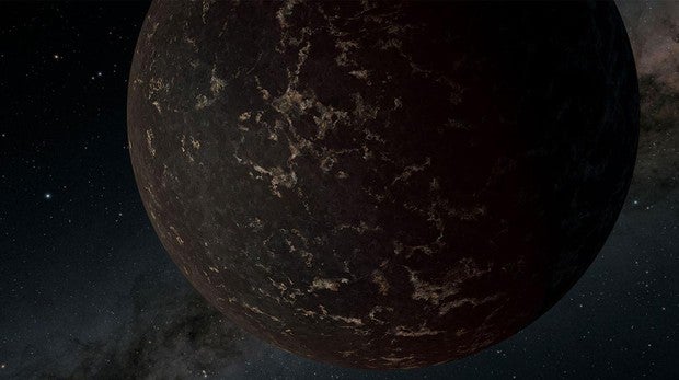 Representación del exoplaneta LHS 3844b. Su superficie es oscura y se enfría y se calienta drásticamente a medida que gira alrededor de su estrella
