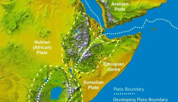 La imagen muestra la configuración geológica de las placas en Africa. El nuevo océano se formará en la bifurcación del rift en forma de "Y"