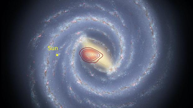 La ilustración muestra cómo se vería la Vía Láctea desde arriba. Los anillos rojos indican la extensión aproximada de la galaxia fósil conocida como Heracles. El punto amarillo muestra la posición del Sol