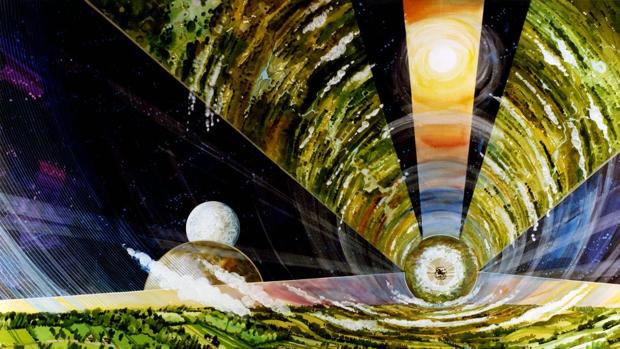 Esta ilustración de la NASA muestra el interior de un cilindro de O´Neill, con su propia gravedad y atmósfera artificial.