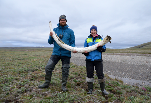 Love Dalén y la coautora principal Patrícia Pečnerová con un colmillo de mamut en la isla de Wrangel