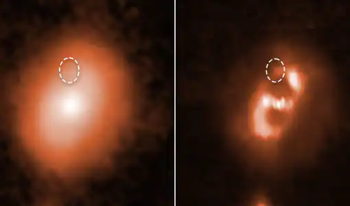 Galaxia de donde procede la emisión FRB 180924 (a la derecha, imagen mejorada digitalmente)