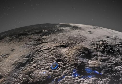 Cryovolcanic terrain on Pluto, with possible past activity marked in blue