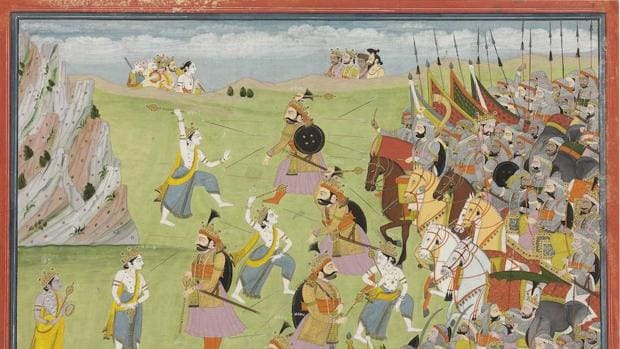 Ilustración del «Mahabharata», batalla de Jarasandha
