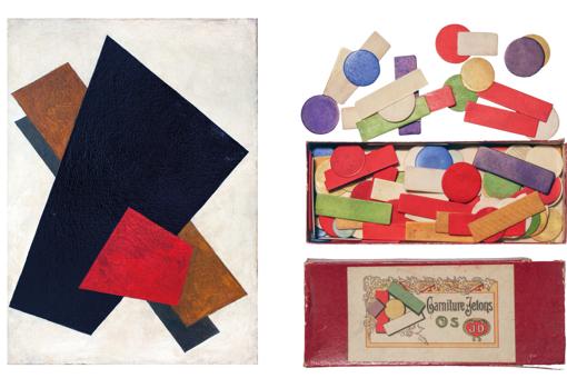 A la izquierda, «Arquitecturas pictóricas, nº 56», de Liubov Popova (Colección particular, Madrid). A la derecha, juego de fichas, París, c. 1830 (Colección Juan Bordes)