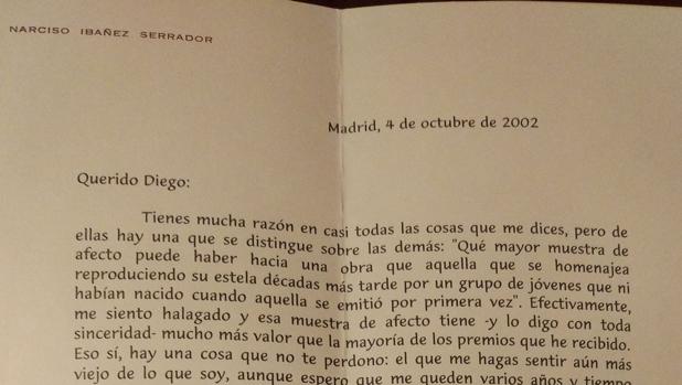 Imagen de la carta enviada por Chicho Ibáñez Serrador a un seguidor