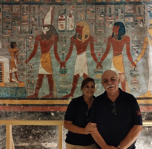 Teresa Bedman and Francisco Martín pose next to the paintings recently recovered from the funerary monument of Pharaoh Ramses I