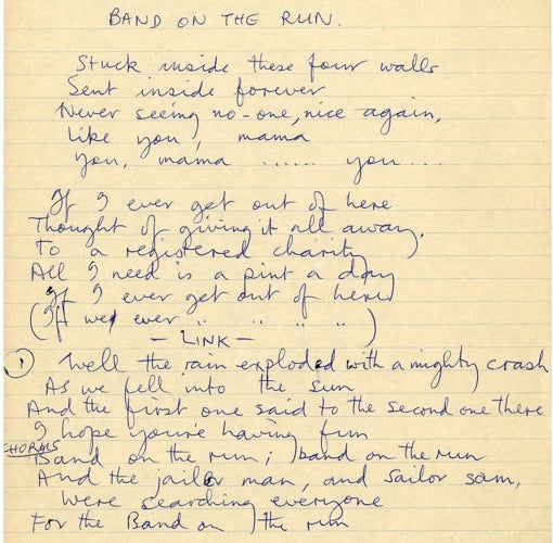 Letra manuscrita de 'Band On The Run', de 1973