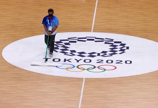 An operator cleans one of the Tokyo 2020 facilities