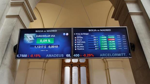 Pantalla de las primas de riesgo europeas en la Bolsa de Madrid