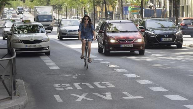 Una ciclista circula por el carril bus/taxi, en la calle de Sagasta