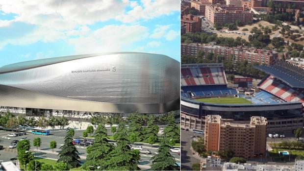Recreación del «nuevo» Santiago Bernabéu; a la derecha, vista aérea del Vicente Calderón