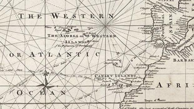 Mapa del geógrafo británico Emanuel Bowen (1694–1767) que ubica el meridiano cero en Canarias