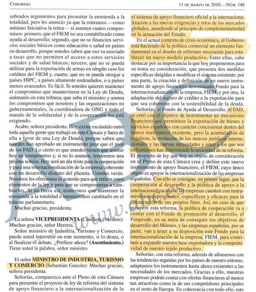 Diario de Sesiones del Congreso con la intervención de Miguel Sebastián