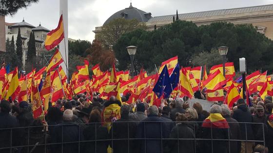 Los manifestantes portan banderas de España y la Unión Europea