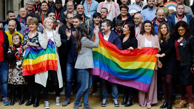 Imagen de la celebración de la aprobación de la ley en las Cortes Valencianas encabezada por Mónica Oltra