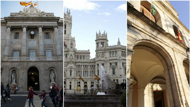 Fachadas de los ayuntamientos de Barcelona, Madrid y Sevilla