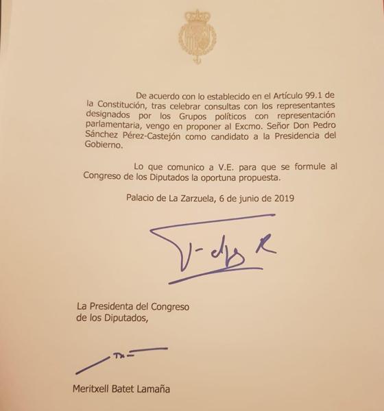 Este es el documento firmado por el Rey en el que propone a Pedro Sánchez como candidadto a la presidencia del Gobierno