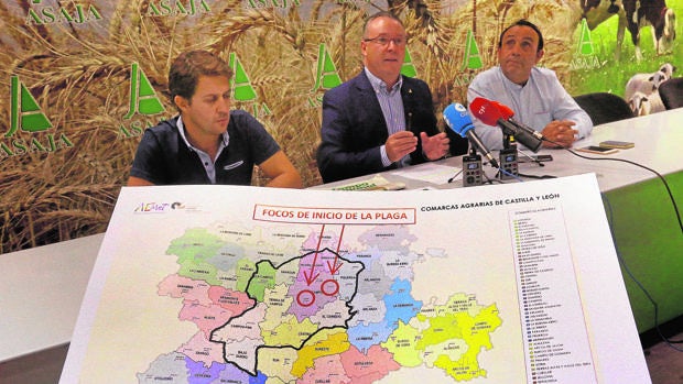 Donaciano Dujo, ayer con los dirigentes de Asaja Palencia Honorato Meneses y Álvaro de la Hera