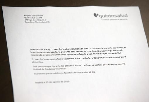 El comunicado facilitado por el Hospital sobre el Rey Juan Carlos