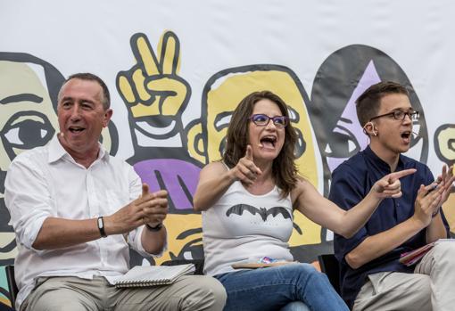 Joan Baldoví, Mónica Oltra e Íñigo Errejón, en un mitin celebrado en Valencia en 2016