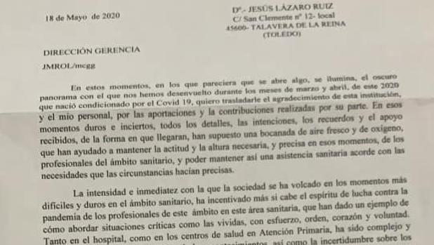 La carta de agradecimiento del gerente del área sanitaria 