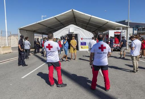Personal de Cruz Roja y de las Fuerzas de Seguridad del Estado, en la zona portuaria donde está el dispositivo